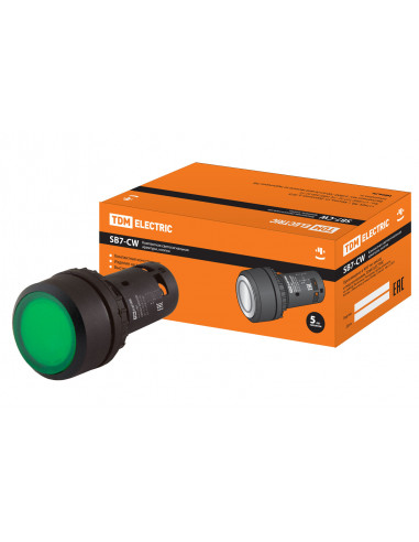 Кнопка SB7-CW3361-220V(LED) d22мм 1з, зеленая TDM