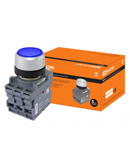 Кнопка с фиксацией MP2-21L(LED) в сборе d22мм/24В 1з+1р синяя TDM